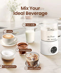 4 In 1 Milk Frother With Led Touch Screen And Ceramic Lined Bottom, 13.5 Oz Capacity, transparent glass showing frothing, white