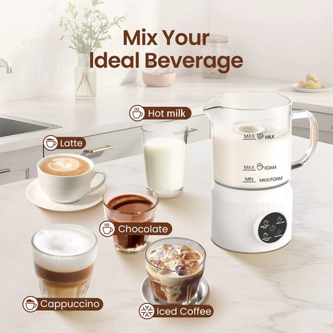 4 In 1 Milk Frother With Led Touch Screen And Ceramic Lined Bottom, 13.5 Oz Capacity, transparent glass showing frothing, white