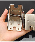 Big League Heavy Duty 90 Degree Folding Self Locking Furniture Hinge In Dark Bronze Galvanized Iron Support Bracket, held in hand.