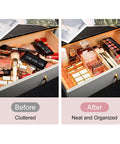 Sleek 3 Compartment Acrylic Organizers For Bathroom Vanity Counters showing cluttered vs organized drawer with cosmetics.