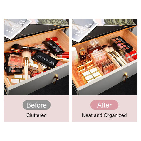 Sleek 3 Compartment Acrylic Organizers For Bathroom Vanity Counters showing cluttered vs organized drawer with cosmetics.