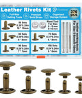 Leather Rivet Kit Pro Grade With 370 Brass Double Cap Rivets, full-size tools, five sizes 6x6mm to 10x10mm shown in organized case