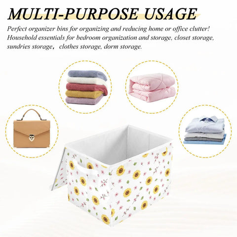 Rock Solid Foldable Storage Bin with Lid and Carrying Handles Collapsible Fabric Organizer Super Sturdy Closet Box Dust Proof Cube for Bedroom and Home Office Space Saver with floral design holding clothes.