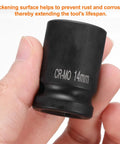 Pro Grade 14Millimeter 4 Point Square Impact Socket Half Inch Drive Cr Mo Steel close-up showing black finish for rust prevention.