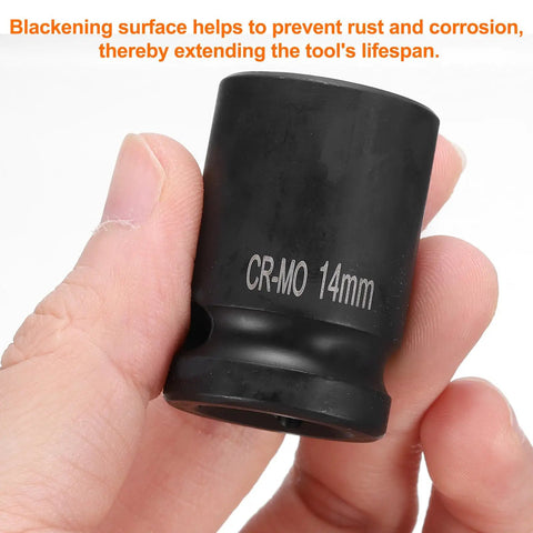 Pro Grade 14Millimeter 4 Point Square Impact Socket Half Inch Drive Cr Mo Steel close-up showing black finish for rust prevention.