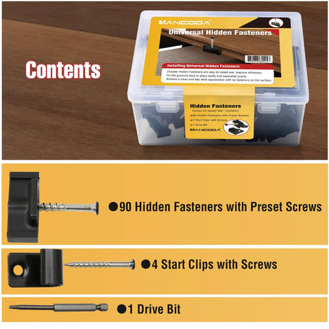 Hidden Deck Fasteners For Composite Decking With Stainless Steel Screws Universal Clips For Wood Framing Get A Slick Clean No Visible Fasteners Look 90 Per Box Covers Up To 50 Sq Ft, shown in container with screws and clips.