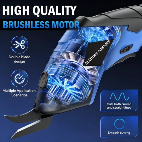 2026 Upgrade Cordless Electric Cutting Tool with Sharp Stainless Steel Blades for Effortless Threading Through Fabric Leather Cardboard Carpet And Thin Metal Sheets Powerful Motor For Smooth Precise Cuts showcasing brushless motor and electric scissors design.