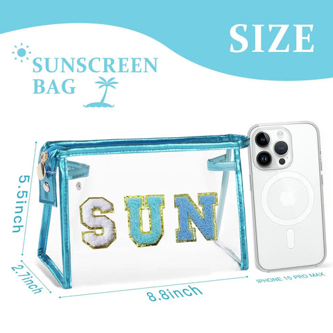 Clear Sunscreen Bag For Women Beach Vacation Essentials Waterproof Makeup Pouch, size 8.8x2.7x5.5 inches, blue SUN