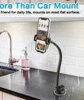 Heavy Duty Universal Car Truck Phone Mount With Rock Solid 14 Inch Gooseneck Long Arm And No Fuss Quick Release Button on kitchen counter.