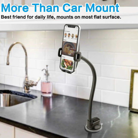 Heavy Duty Universal Car Truck Phone Mount With Rock Solid 14 Inch Gooseneck Long Arm And No Fuss Quick Release Button on kitchen counter.
