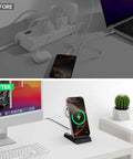 Comparison of cluttered charging setup versus 3 In 1 Fast Wireless Charging Station For iPhone 17 16e 16 15 14 13 12 11 X Pro Max Apple Watch And AirPods Pro 4 3 2 Compact Desk Or Nightstand Charging Hub.