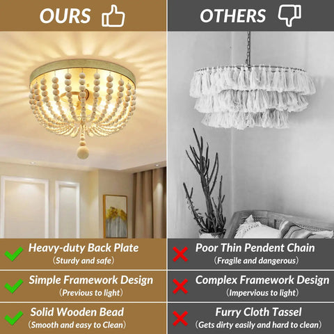 Comparison of Boho Wood Beaded Chandelier With Two Lights Rustic Oak Finish to a tassel light, highlighting design and safety features.