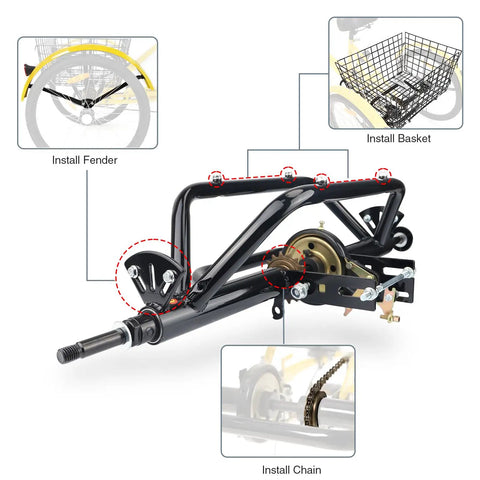 Single Speed Rear Axle Conversion Kit For 20 24 26 Inch Tricycles And Three Wheel Bikes Five Eighths Inch Hollow Hub Axle High Carbon Steel Fits Band Brake Beefed Up Heavy Duty Replacement For Hollow Hub Wheels installed on tricycle frame