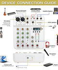 4 Channel Mini Audio Mixer With USB Bluetooth And 48V Phantom Power Reverb Dope Compact Soundboard guide with connections