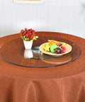 Tempered Glass Lazy Susan Turntable for dining tables with fruit bowl and flowers, safe smooth edge, easy clean, centerpiece rotating tray