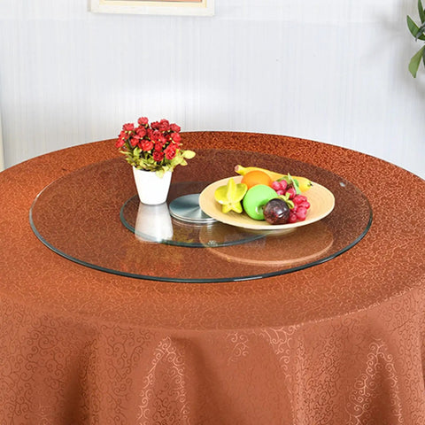 Tempered Glass Lazy Susan Turntable for dining tables with fruit bowl and flowers, safe smooth edge, easy clean, centerpiece rotating tray