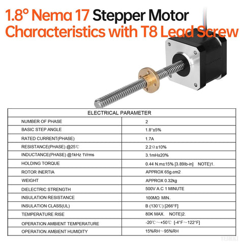 Diagram and specs of Nema 17 Stepper Motor with TR8x8 Lead Screw, 1.8 Degree step, high torque 0.44Nm, for 3D printers and CNC machines.