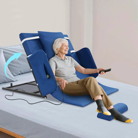 Heavy Duty Electric Bed Backrest With Wireless Remote Control For Elderly Seniors Adjustable Reclining Lift Smooth Operator Ride No Sweat Home Upgrade, blue padded backrest with older adult using remote, comfy setup.