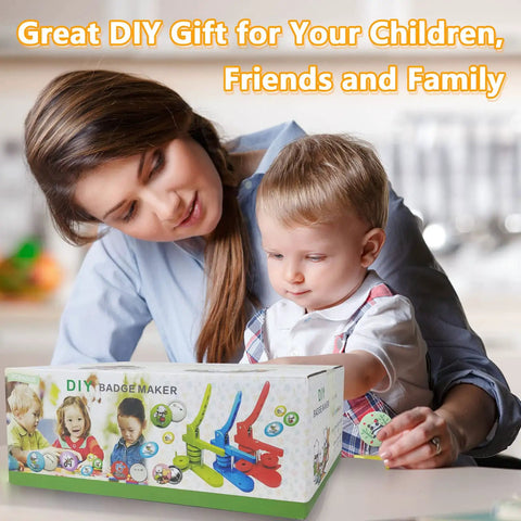 Ultimate Button Maker Machine Kit With Adjustable 2 Inch And 1.25 Inch Dies For Dope DIY Crafts and Fresh Custom Badges shows a mother and child exploring a DIY badge maker.