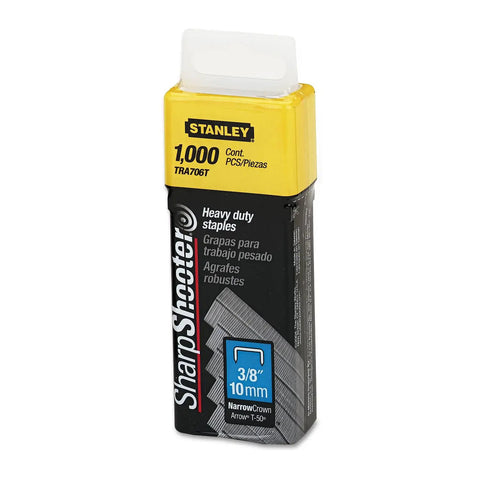 Heavy Duty Three Eighth Inch Tacker Staples Box Of One Thousand Silver Steel True Straight Fit, packaged carton for pneumatic staplers.