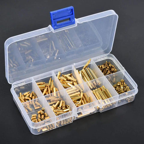 Brass Hex Spacers Standoffs Screws Nuts 320 Piece All In One Assortment Kit For M2 Threads Durable Hardware Gear For Electronics Robotics And DIY Projects High Strength Precise Threads Sturdy Storage Box in divided plastic case