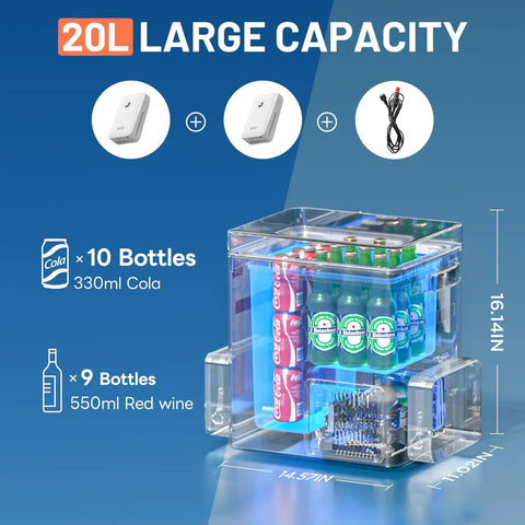 Top Tier Game Changer 12 Volt Portable Freezer And Compressor Cooler With Dual U20 Batteries For Rigs And Road Trips Delivers Sick Chilling Power Straight Up On The Go showcasing 20L capacity with bottles inside.