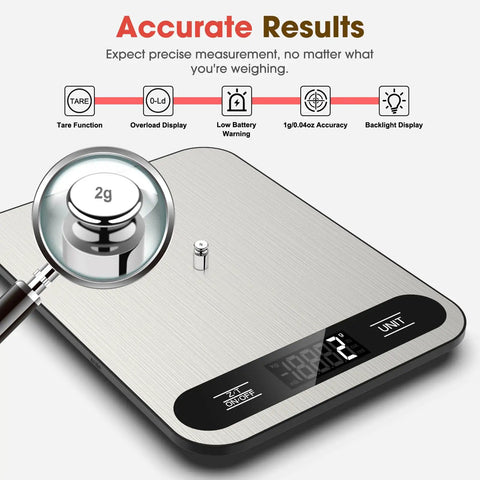 Digital Kitchen Scale With 22 Pound Capacity, 1 Gram Precision, Six Unit Conversions showing tare function and LCD display