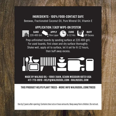 Instructions label on wood background for Cutting Board Oil For Wood And Butcher Block, 32 Oz Jug, FDA Food Contact Safe.