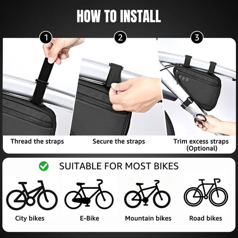 Installation guide for Water Resistant Reflective Bike Frame Storage Bag Triangle Bag With Two Side Pockets Strap On Under Seat Tool Pouch For Mountain And Road Bikes 2L Capacity Durable, showing the threading and securing of straps on bike.