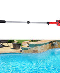 Heavy Duty Cordless Stick Water Transfer Pump Dumps 720 GPH Water Fast With 16 Ft Lift near a pool with clear water.