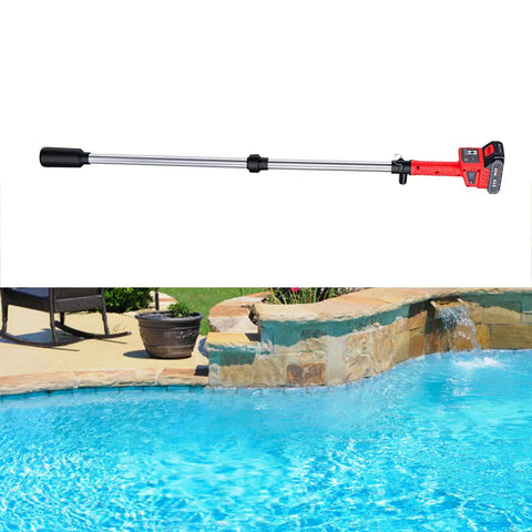 Heavy Duty Cordless Stick Transfer Pump With 720 GPH Flow for Diesel Gas and Water use, displayed beside a swimming pool.