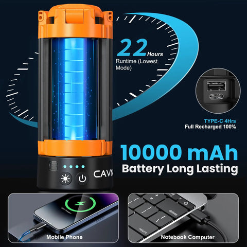 Rechargeable Outdoor Camping Light With Remote And Detachable Tripod Up To 6 Ft, 3 LED Lamp Heads, features 10000mAh battery