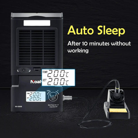 All In One Soldering Station With Fume Extractor And LED Light, LCD display showing temperature, auto sleep feature.