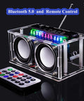 Radio DIY Soldering Kit Dope For Advanced Audio Projects With transparent acrylic speaker shell, LED lights, and remote.