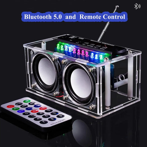 Radio DIY Soldering Kit Dope For Advanced Audio Projects With transparent acrylic speaker shell, LED lights, and remote.