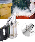 Heavy Duty Stainless Steel Electric Beekeeping Smoker With Heat Shield for Hive Gear, shown with large fuel chamber