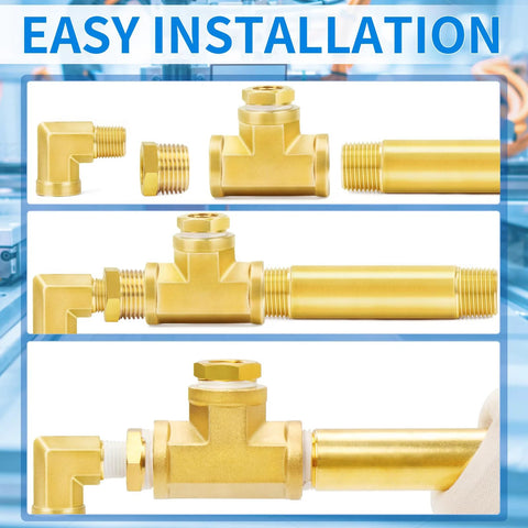 Brass pipe fittings set, 1/2" NPT male x 1/2" NPT male, 2" long nipples, 2-pack; includes elbow, tee and straight nipple components