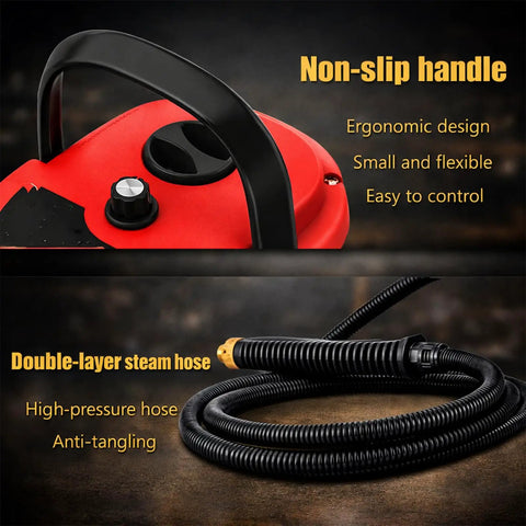 Heavy Duty Handheld Steam Cleaner Cranks Out Blistering Vapor Quick To Kick Grease Off Tile Grout Kitchen Counters And Engine Bays With Six Adjustable Settings And A Sweet Array Of Nozzle Tips For Effortless Deep Cleaning Any Time, featuring a non-slip handle and double-layer steam hose.