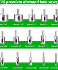 Rock Solid Workhorse 16 Piece Diamond Hole Saw Kit With Double Suction Cup Guide and Four Bearing Jig, various sizes shown.