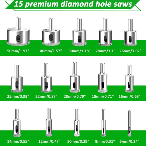Rock Solid Workhorse 16 Piece Diamond Hole Saw Kit With Double Suction Cup Guide and Four Bearing Jig, various sizes shown.