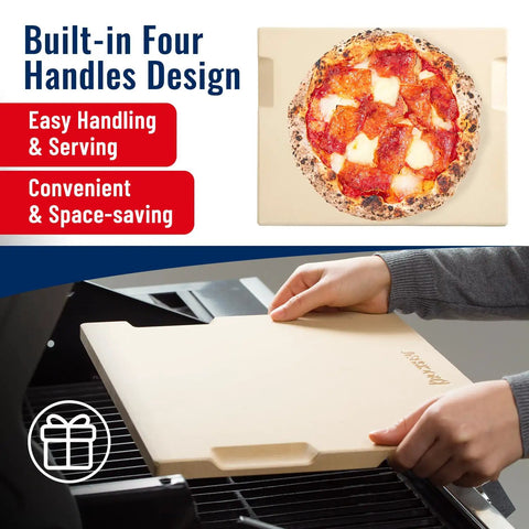 Person handling Pizza Stone For Oven And Grill 15 X 12 Inch Cordierite Baking Stone With Four Built In Handles on grill