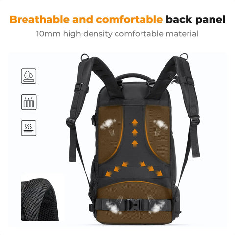 Back view of 30L Camera Backpack With Rain Cover And 16 Inch Laptop Compartment Built For Travel with breathable panel features