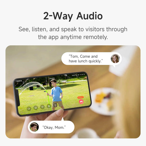 Smartphone displaying 2-way talk feature of Wireless Outdoor Security Camera 2K With AI Motion Detection, Battery Powered.