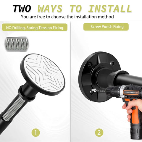 Two installation methods for No Drill No Screw Adjustable Tension Curtain Rod 31 To 112 Inches Matte Black Heavy Duty Spring Pole