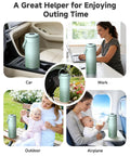 Portable Breast Milk Cooler With Smart Temp Gauge And 20 Oz Leak Proof Travel Bag for Moms and Dads, shown in car, work, outdoor, and airplane settings.