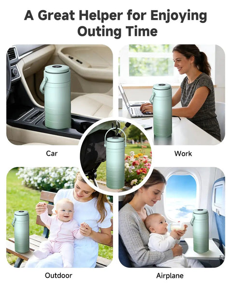 Portable Breast Milk Cooler With Smart Temp Gauge And 20 Oz Leak Proof Travel Bag for Moms and Dads, shown in car, work, outdoor, and airplane settings.