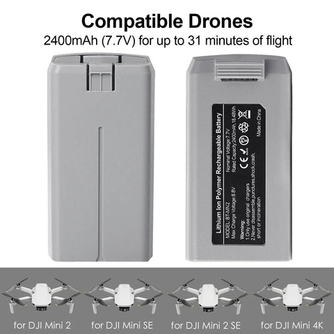 Two Pack Intelligent Flight Battery With Two Way Charging Hub For DJI Mini 4K Mini 2 Mini SE And Mini 2 SE Drones Delivers Up To 31 Minutes Of Flight Time 2400mAh 7 7 Volt Replacement Battery Fly More Kit