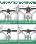 Front view of a two-tank RV propane regulator with braided 18-inch hoses and a changeover valve between tanks.