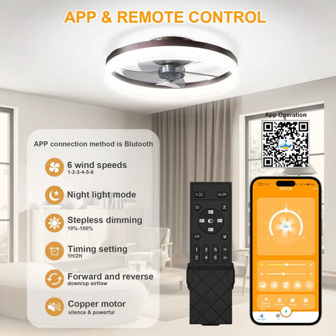 Low Profile Flush Mount Ceiling Fan With Light Remote And App Control Six Speed Reversible And Silent Motor Dimmable LED Lighting