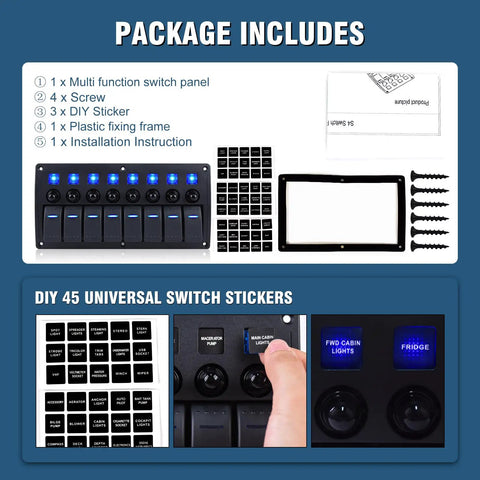 Package contents of Eight Gang Waterproof Marine Boat Switch Panel With Eight Circuit Breakers 12V 24V On Off Blue LED Rocker